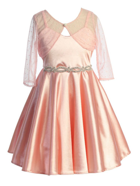 Just Kids Girls Satin Dress with Rhinestone Belt and Sheer Embroidered Bolero, Sizes 4-14 - SophiasStyle.com